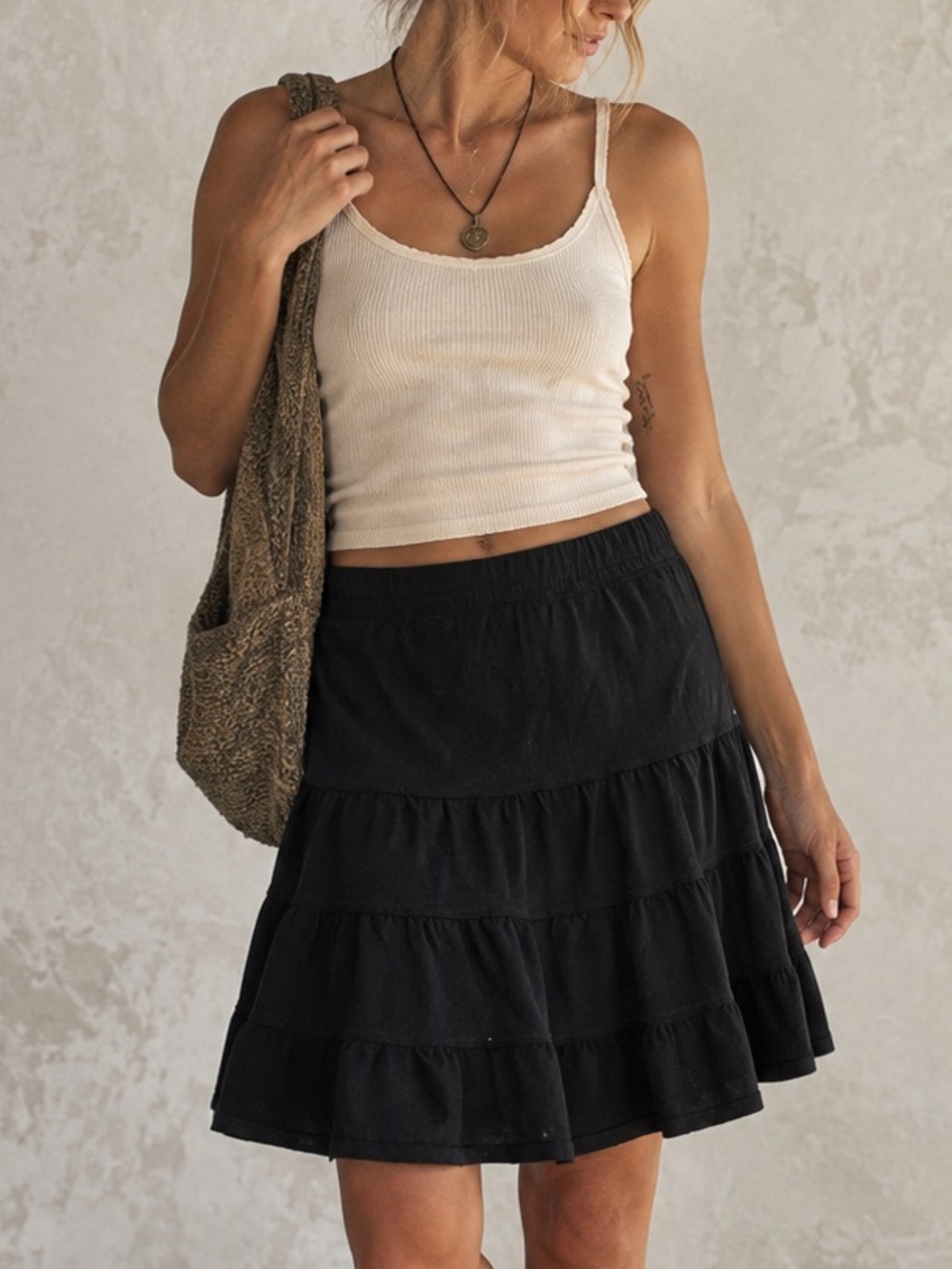 Fresh Produce Black Cotton Tiered Ruffle Skirt S Pull On Boho Peasant Resort